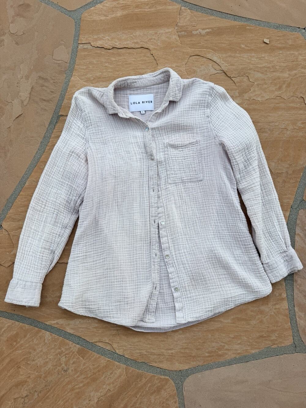 Lola River Shirt Womens Large Beige 100% Cotton Button Up Long Sleeve Casual Top